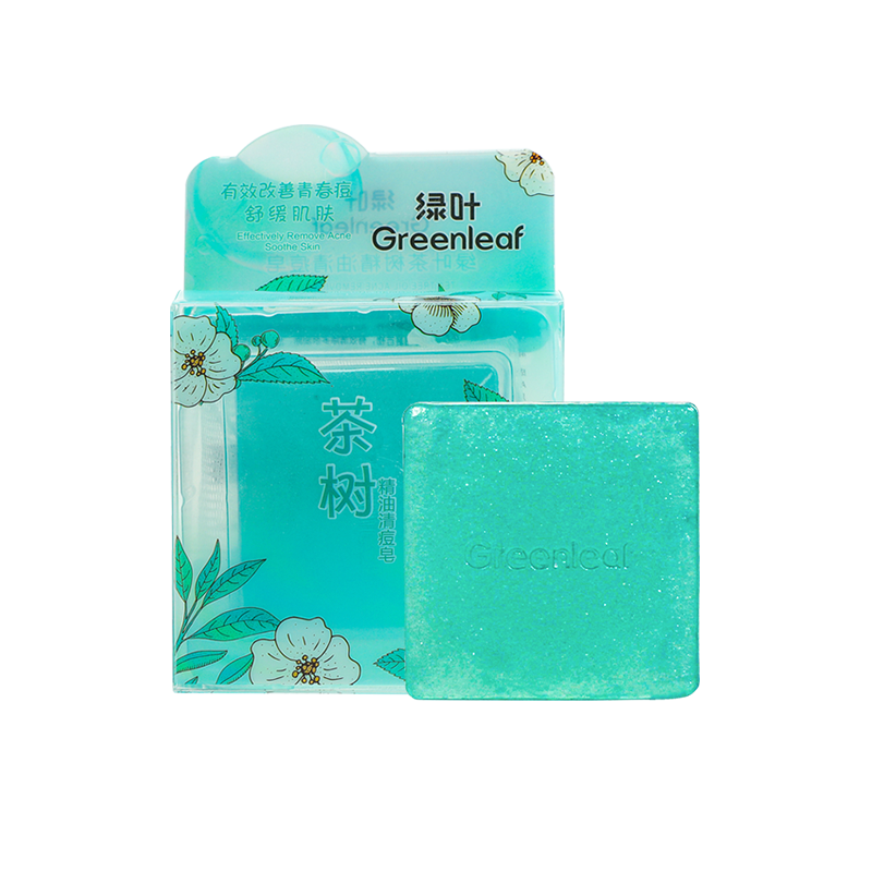(кол-во в коробке 20 шт) Green Leaf Мыло от прыщей с эфирным маслом чайного дерева 100г.（рус-англиский）